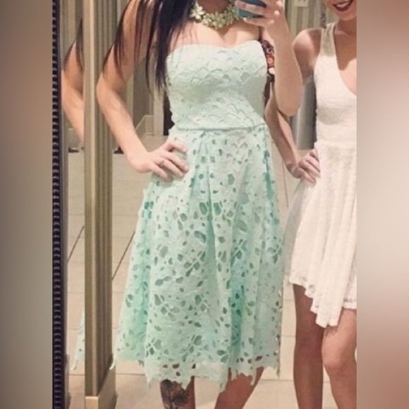 Alya Francesca’s Harpeth Mint Teal Seafoam Midi Guipure Floral Embroidered Dress - Picture 3 of 14